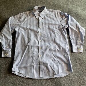 Kirkland Signature Mens Non-Iron Striped Dress Shirt Blue White 16.5 34 Cotton